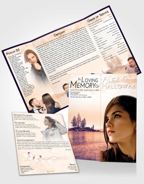 Obituary Funeral Template Gatefold Memorial Brochure Lavender Sunset Coral Waters