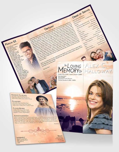 Obituary Funeral Template Gatefold Memorial Brochure Lavender Sunset Early Rise