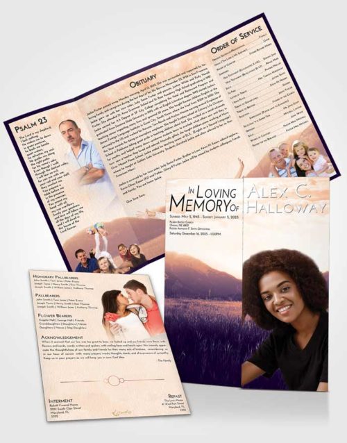 Obituary Funeral Template Gatefold Memorial Brochure Lavender Sunset Graceful Mountains