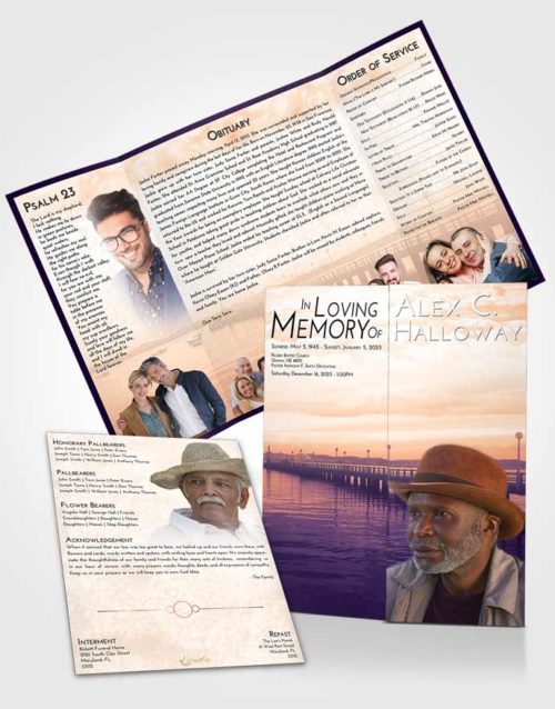 Obituary Funeral Template Gatefold Memorial Brochure Lavender Sunset Lake Drive