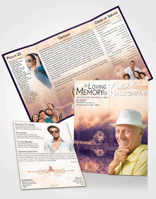 Obituary Funeral Template Gatefold Memorial Brochure Lavender Sunset Lake House