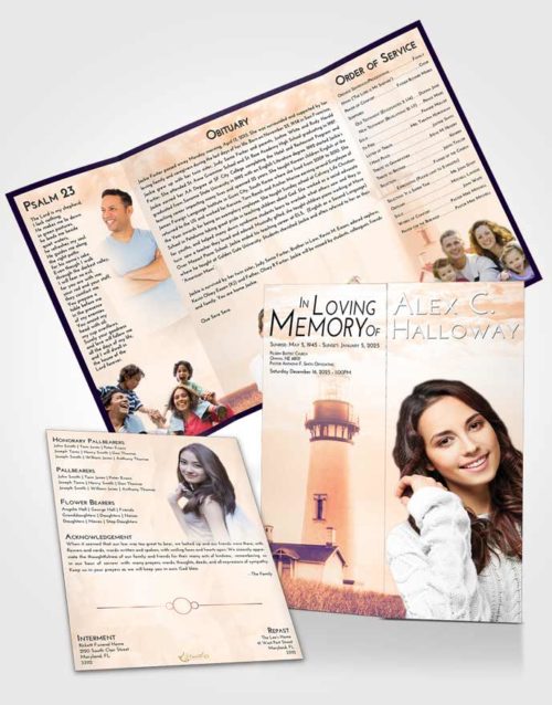 Obituary Funeral Template Gatefold Memorial Brochure Lavender Sunset Lighthouse Clarity