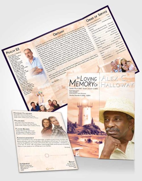 Obituary Funeral Template Gatefold Memorial Brochure Lavender Sunset Lighthouse Laughter