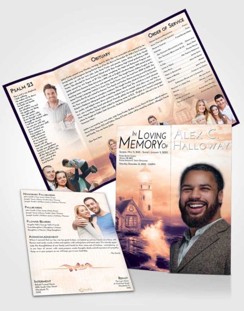 Obituary Funeral Template Gatefold Memorial Brochure Lavender Sunset Lighthouse Lookout
