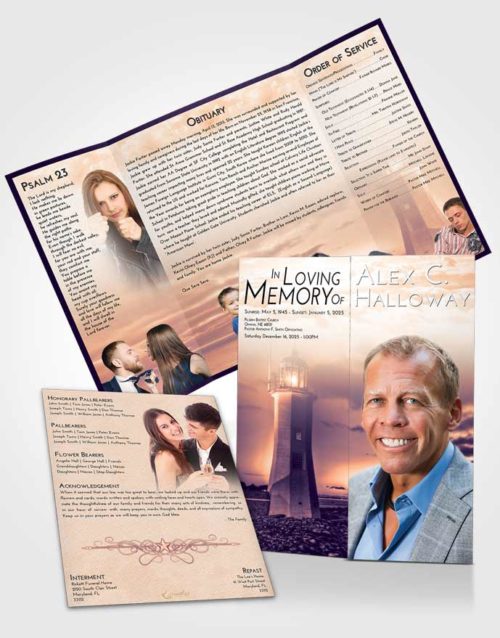 Obituary Funeral Template Gatefold Memorial Brochure Lavender Sunset Lighthouse Magnificence