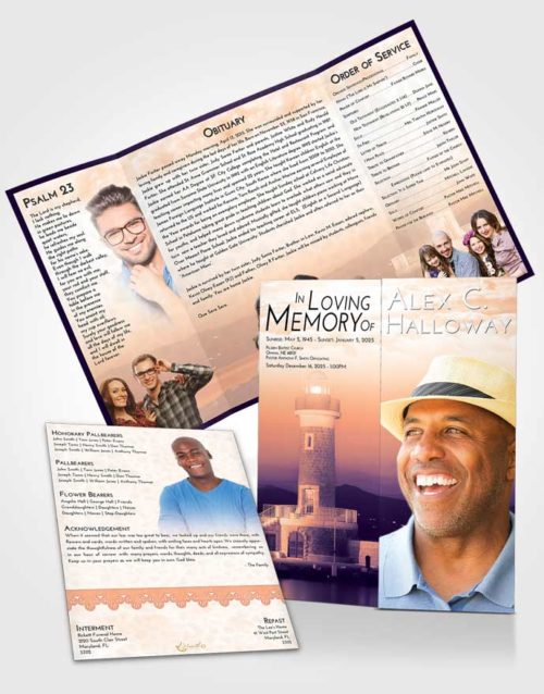 Obituary Funeral Template Gatefold Memorial Brochure Lavender Sunset Lighthouse Majesty