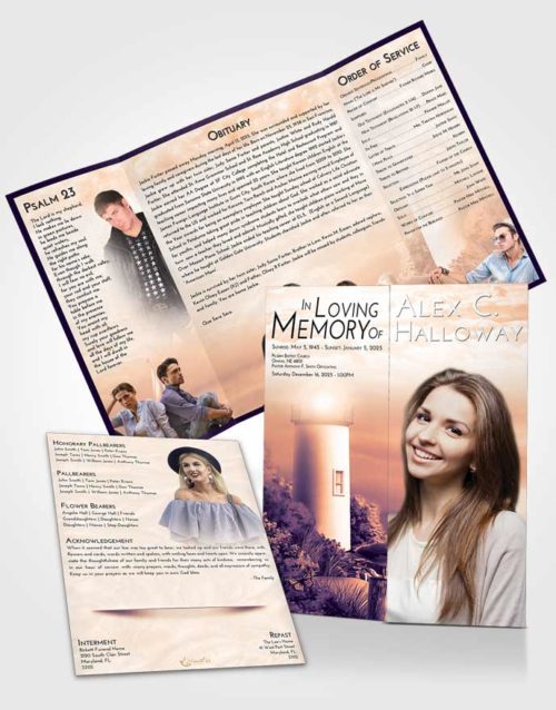 Obituary Funeral Template Gatefold Memorial Brochure Lavender Sunset Lighthouse Mystery