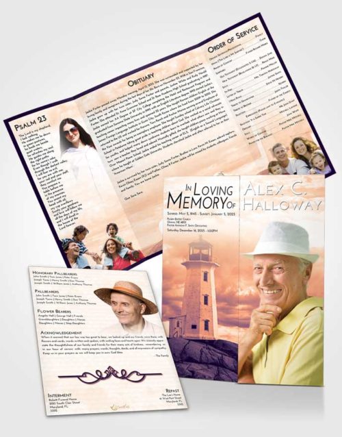 Obituary Funeral Template Gatefold Memorial Brochure Lavender Sunset Lighthouse Safety