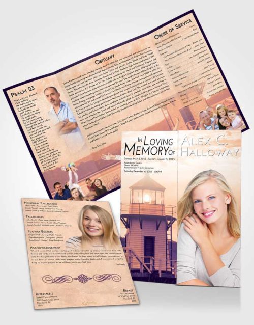 Obituary Funeral Template Gatefold Memorial Brochure Lavender Sunset Lighthouse Surprise