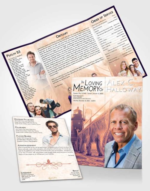 Obituary Funeral Template Gatefold Memorial Brochure Lavender Sunset Lighthouse Tranquility