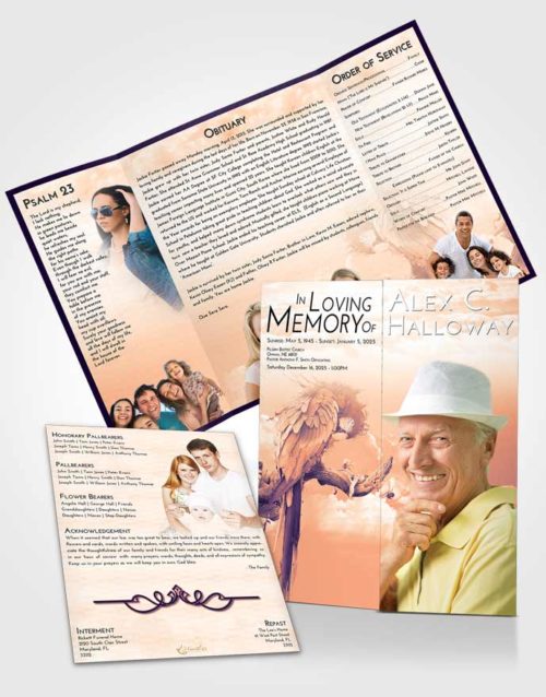 Obituary Funeral Template Gatefold Memorial Brochure Lavender Sunset Magical Parrot