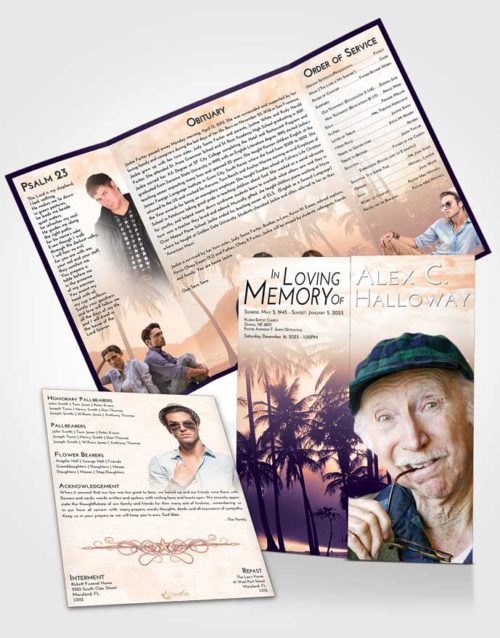 Obituary Funeral Template Gatefold Memorial Brochure Lavender Sunset Palm Paradise