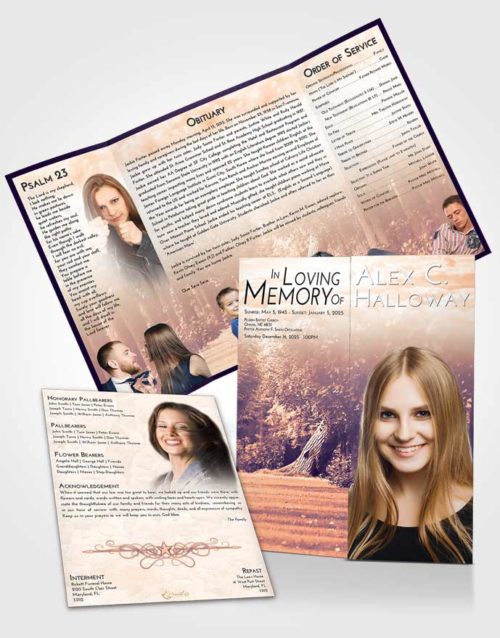 Obituary Funeral Template Gatefold Memorial Brochure Lavender Sunset Summer Forest