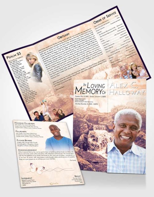 Obituary Funeral Template Gatefold Memorial Brochure Lavender Sunset Waterfall Masterpiece