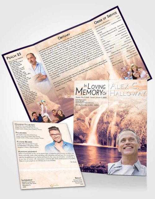 Obituary Funeral Template Gatefold Memorial Brochure Lavender Sunset Waterfall Paradise
