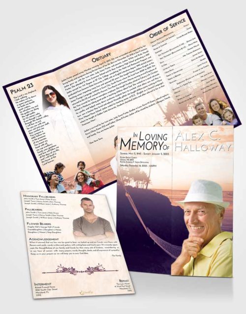 Obituary Funeral Template Gatefold Memorial Brochure Lavender Sunset in a Hammock