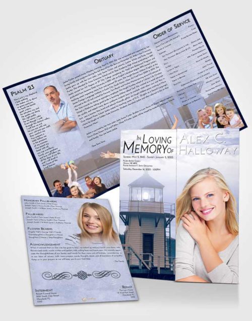 Obituary Funeral Template Gatefold Memorial Brochure Light Blue Ocean Lighthouse Surprise