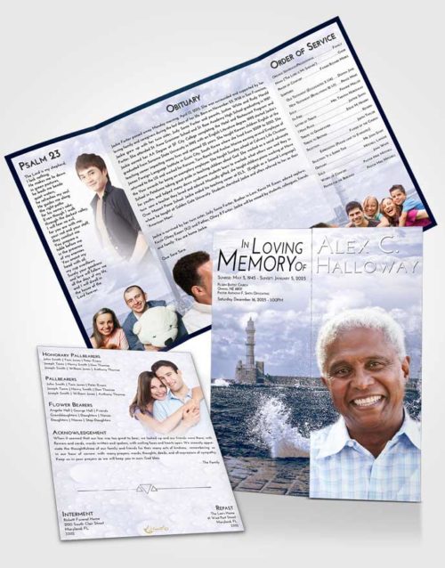 Obituary Funeral Template Gatefold Memorial Brochure Light Blue Ocean Lighthouse in the Tides