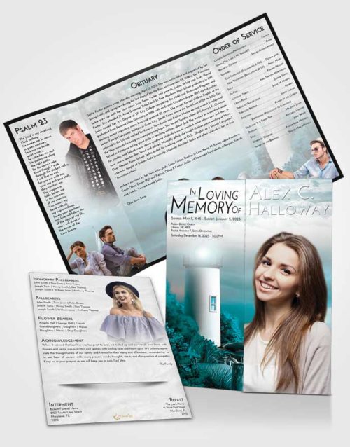 Obituary Funeral Template Gatefold Memorial Brochure Loving Embrace Lighthouse Mystery