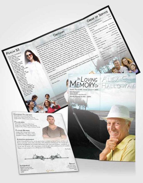Obituary Funeral Template Gatefold Memorial Brochure Loving Embrace Sunset in a Hammock