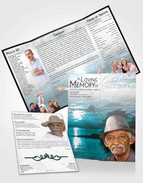 Obituary Funeral Template Gatefold Memorial Brochure Loving Embrace Tropical Beach