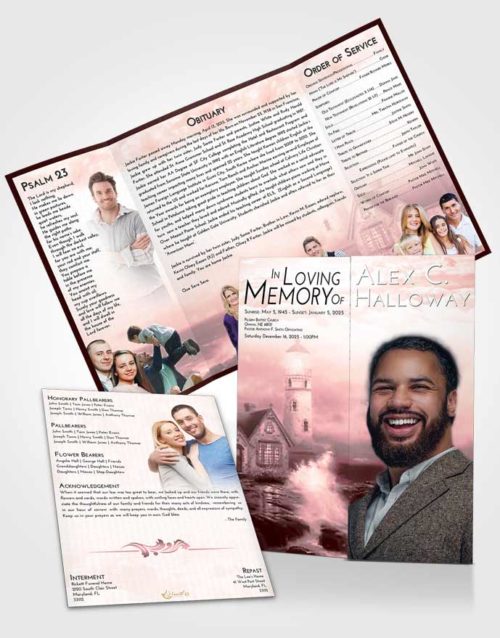 Obituary Funeral Template Gatefold Memorial Brochure Pink Serenity Lighthouse Lookout