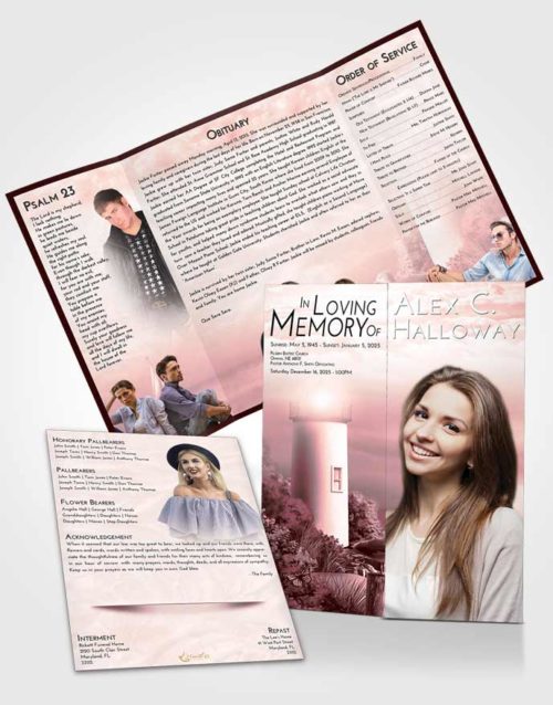 Obituary Funeral Template Gatefold Memorial Brochure Pink Serenity Lighthouse Mystery