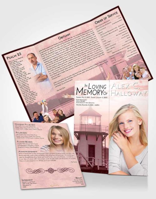 Obituary Funeral Template Gatefold Memorial Brochure Pink Serenity Lighthouse Surprise