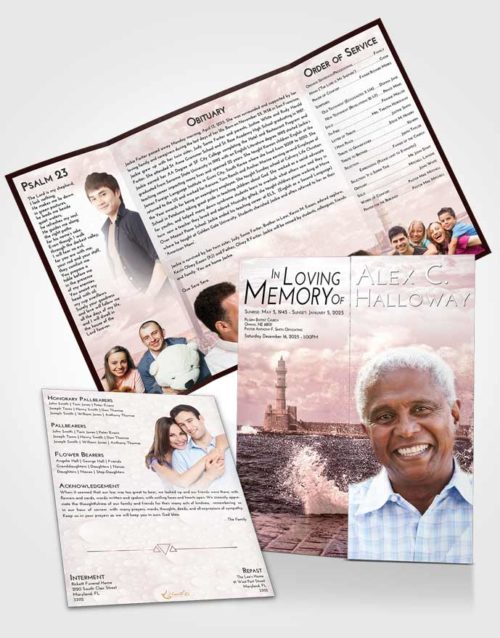 Obituary Funeral Template Gatefold Memorial Brochure Pink Serenity Lighthouse in the Tides