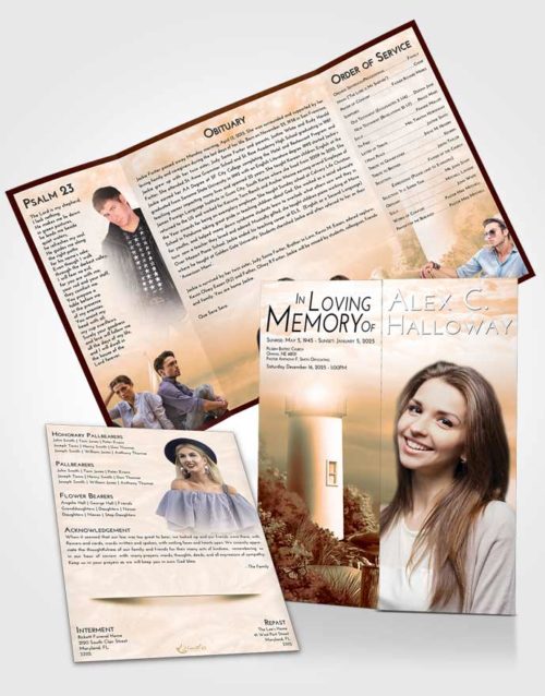 Obituary Funeral Template Gatefold Memorial Brochure Soft Dusk Lighthouse Mystery