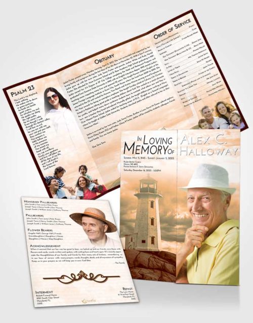 Obituary Funeral Template Gatefold Memorial Brochure Soft Dusk Lighthouse Safety