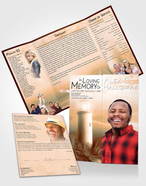 Obituary Funeral Template Gatefold Memorial Brochure Soft Dusk Lighthouse Serenity