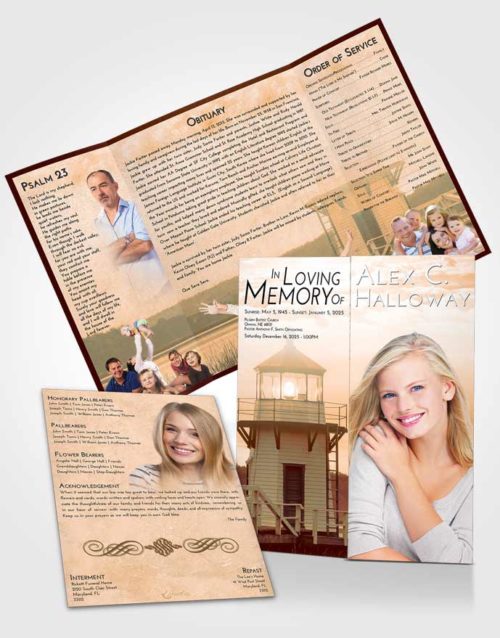Obituary Funeral Template Gatefold Memorial Brochure Soft Dusk Lighthouse Surprise