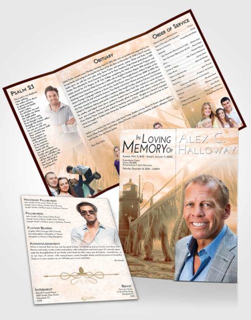 Obituary Funeral Template Gatefold Memorial Brochure Soft Dusk Lighthouse Tranquility