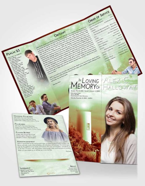 Obituary Funeral Template Gatefold Memorial Brochure Strawberry Mist Lighthouse Mystery