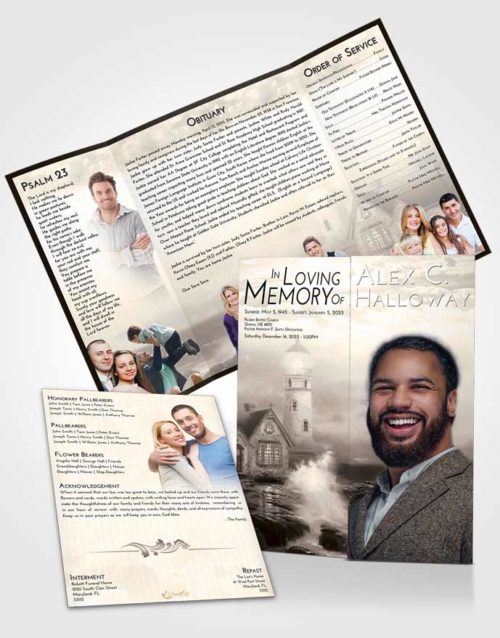 Obituary Funeral Template Gatefold Memorial Brochure Tranquil Lighthouse Lookout