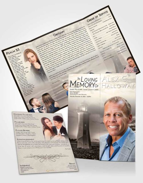Obituary Funeral Template Gatefold Memorial Brochure Tranquil Lighthouse Magnificence