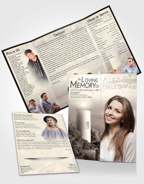 Obituary Funeral Template Gatefold Memorial Brochure Tranquil Lighthouse Mystery