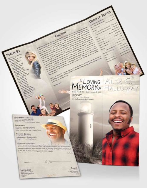 Obituary Funeral Template Gatefold Memorial Brochure Tranquil Lighthouse Serenity