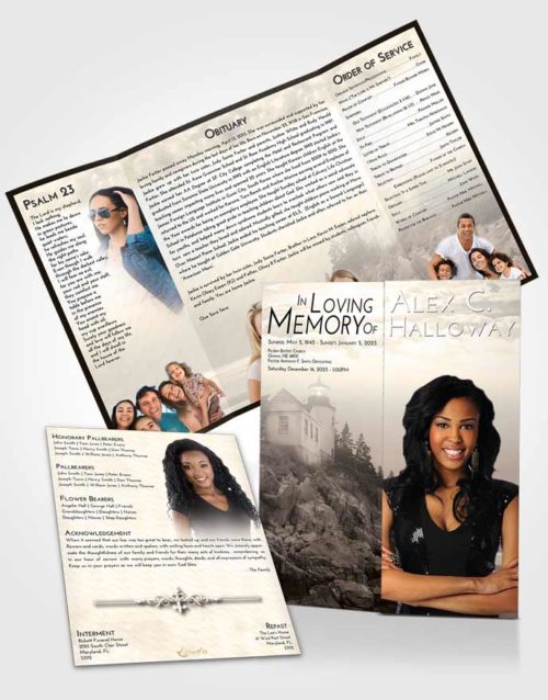 Obituary Funeral Template Gatefold Memorial Brochure Tranquil Lighthouse on the Rocks
