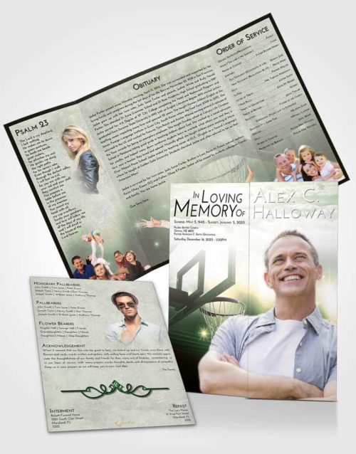 Obituary Funeral Template Gatefold Memorial Brochure Emerald Sunrise Basketball Pride