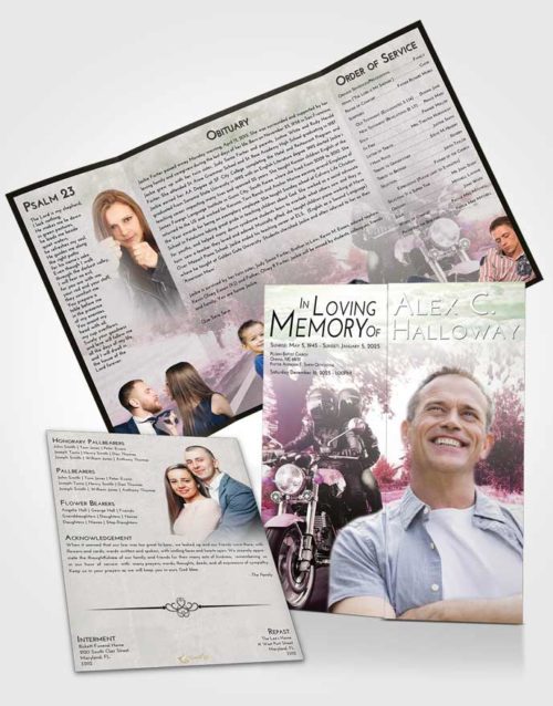 Obituary Funeral Template Gatefold Memorial Brochure Emerald Sunrise Motorcycle Days