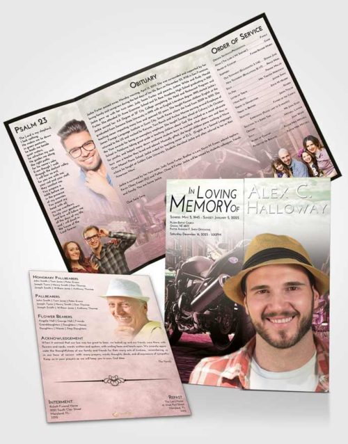 Obituary Funeral Template Gatefold Memorial Brochure Emerald Sunrise Motorcycle Dreams