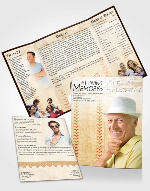 Obituary Funeral Template Gatefold Memorial Brochure Golden Baseball Honor