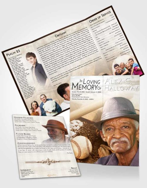 Obituary Funeral Template Gatefold Memorial Brochure Golden Baseball Peace
