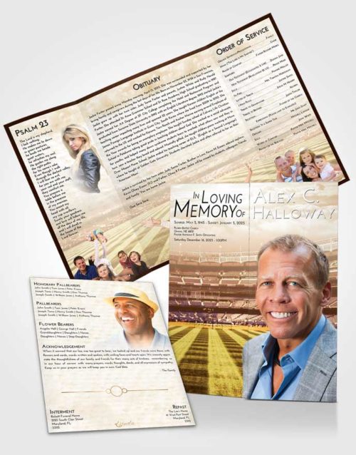 Obituary Funeral Template Gatefold Memorial Brochure Golden Baseball Serenity