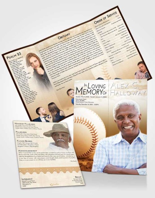 Obituary Funeral Template Gatefold Memorial Brochure Golden Baseball Victory