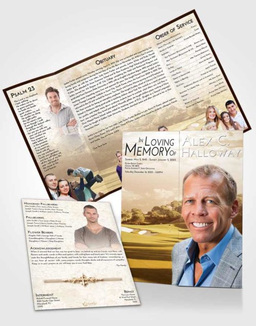 Obituary Funeral Template Gatefold Memorial Brochure Golden Golfing Sandtrap