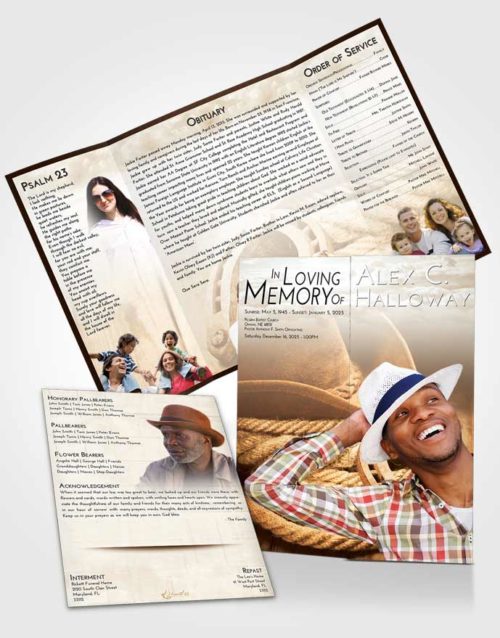 Obituary Funeral Template Gatefold Memorial Brochure Golden Peach Cowboy Divinity