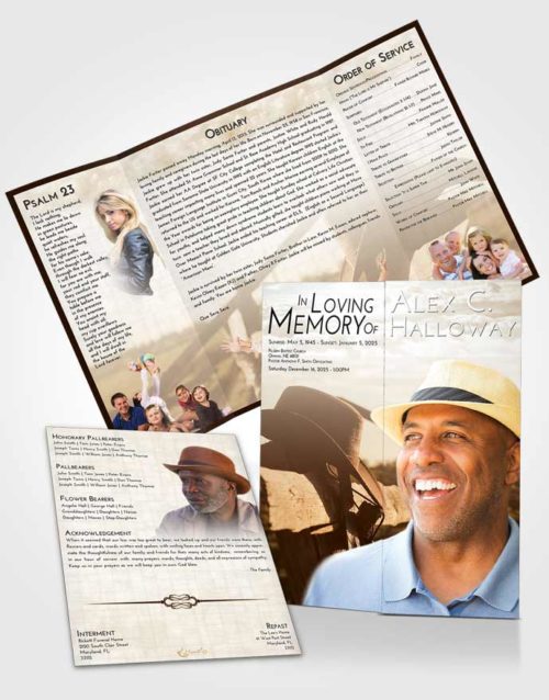 Obituary Funeral Template Gatefold Memorial Brochure Golden Peach Cowboy Honor